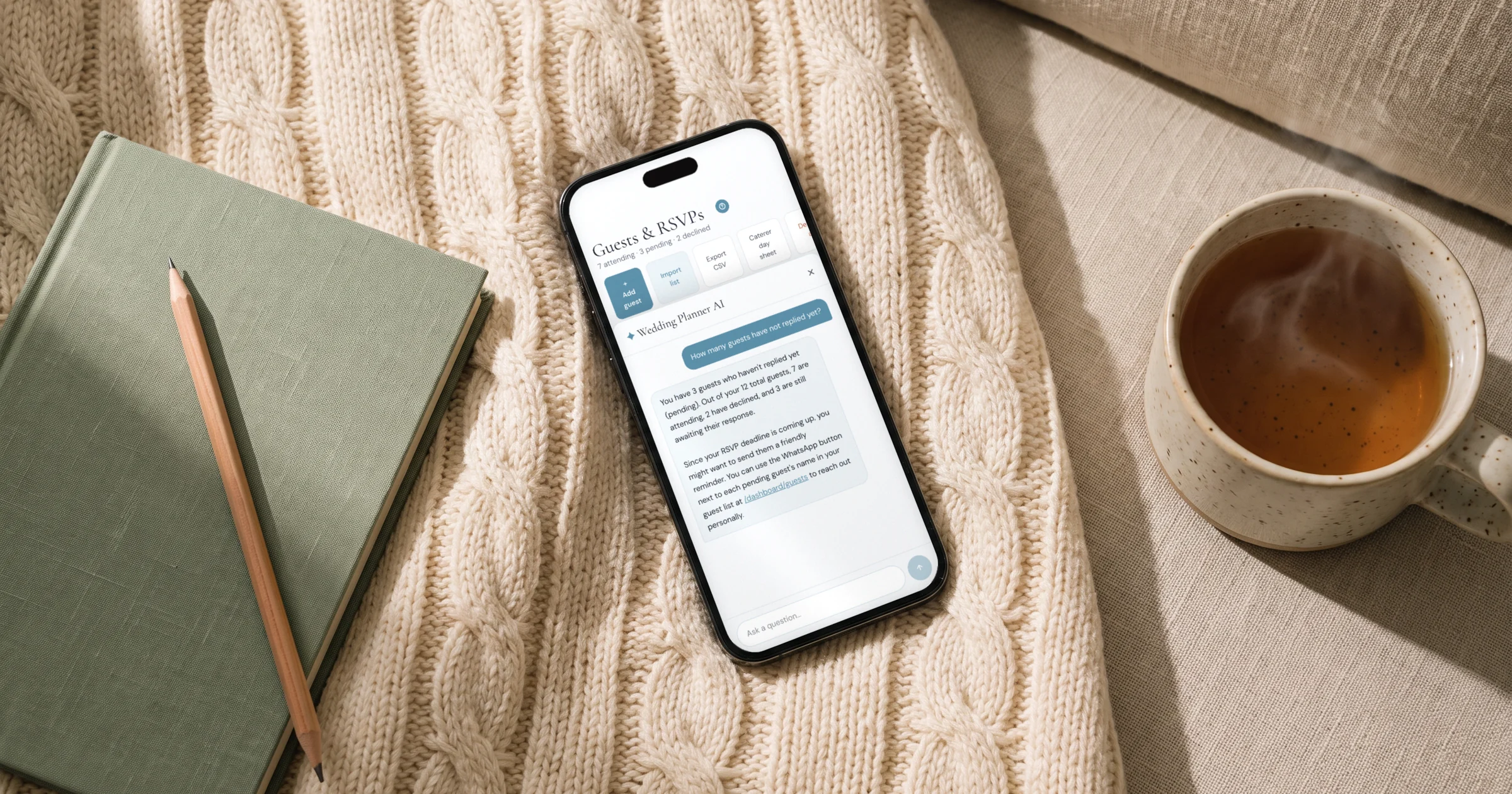 AI wedding planning: a phone shows an AI wedding assistant answering with the couple's real RSVP numbers