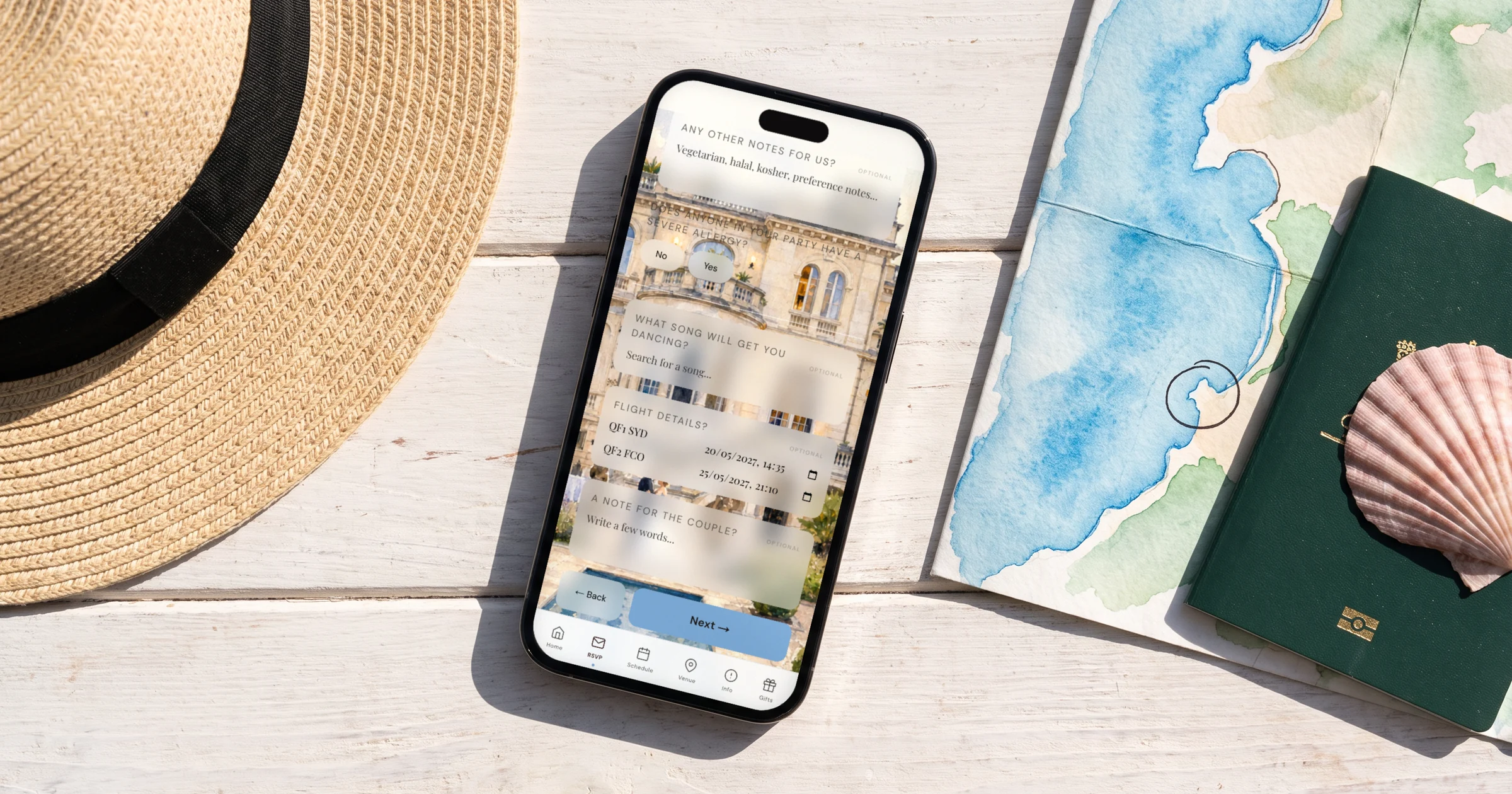 Best destination wedding planning apps 2026: a phone shows an RSVP with the guest's arrival flight next to a map, a passport and a straw hat
