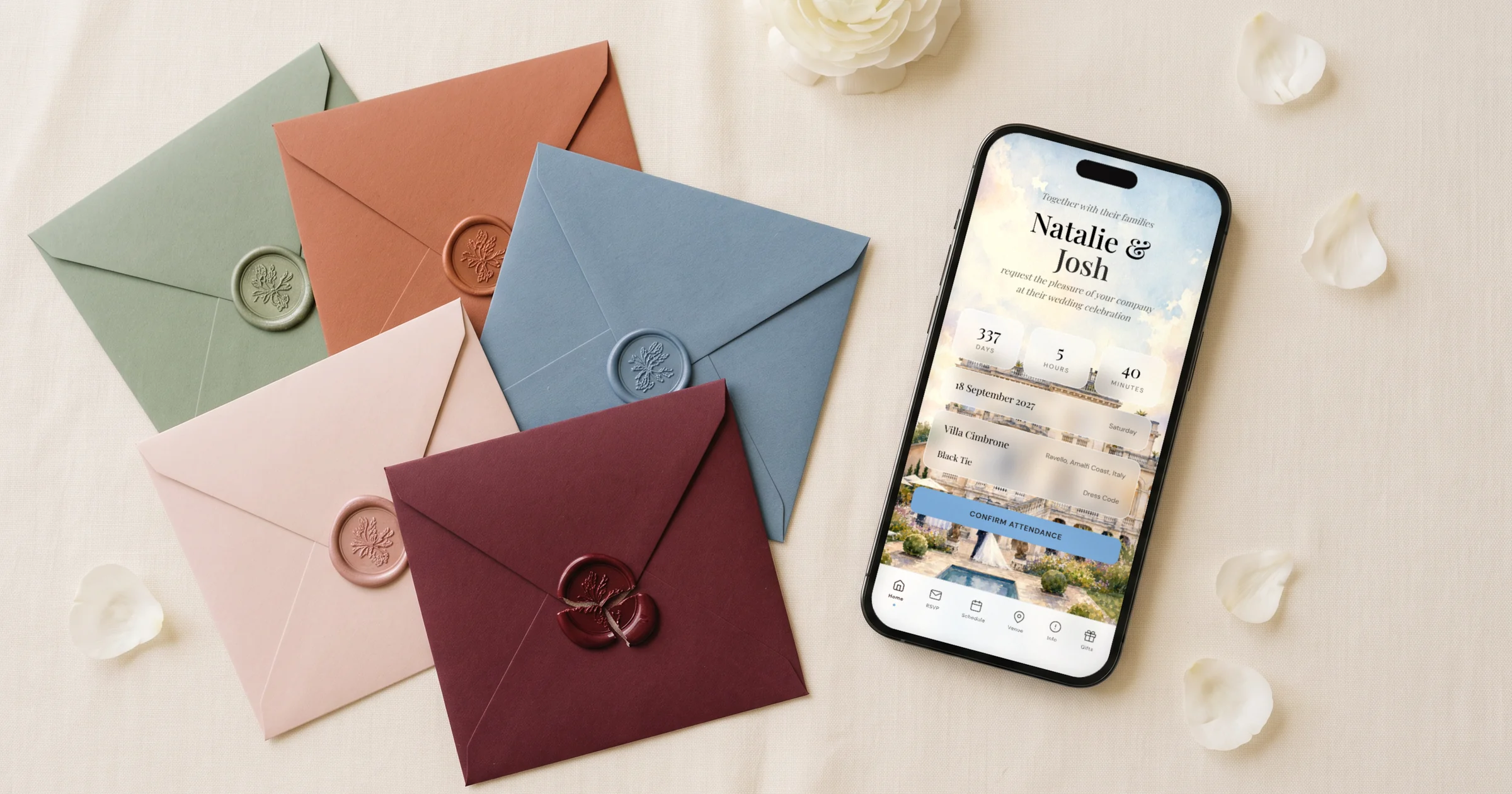 Best digital wedding invitation apps 2026: a phone shows an opened digital wedding invitation beside envelopes in five themes