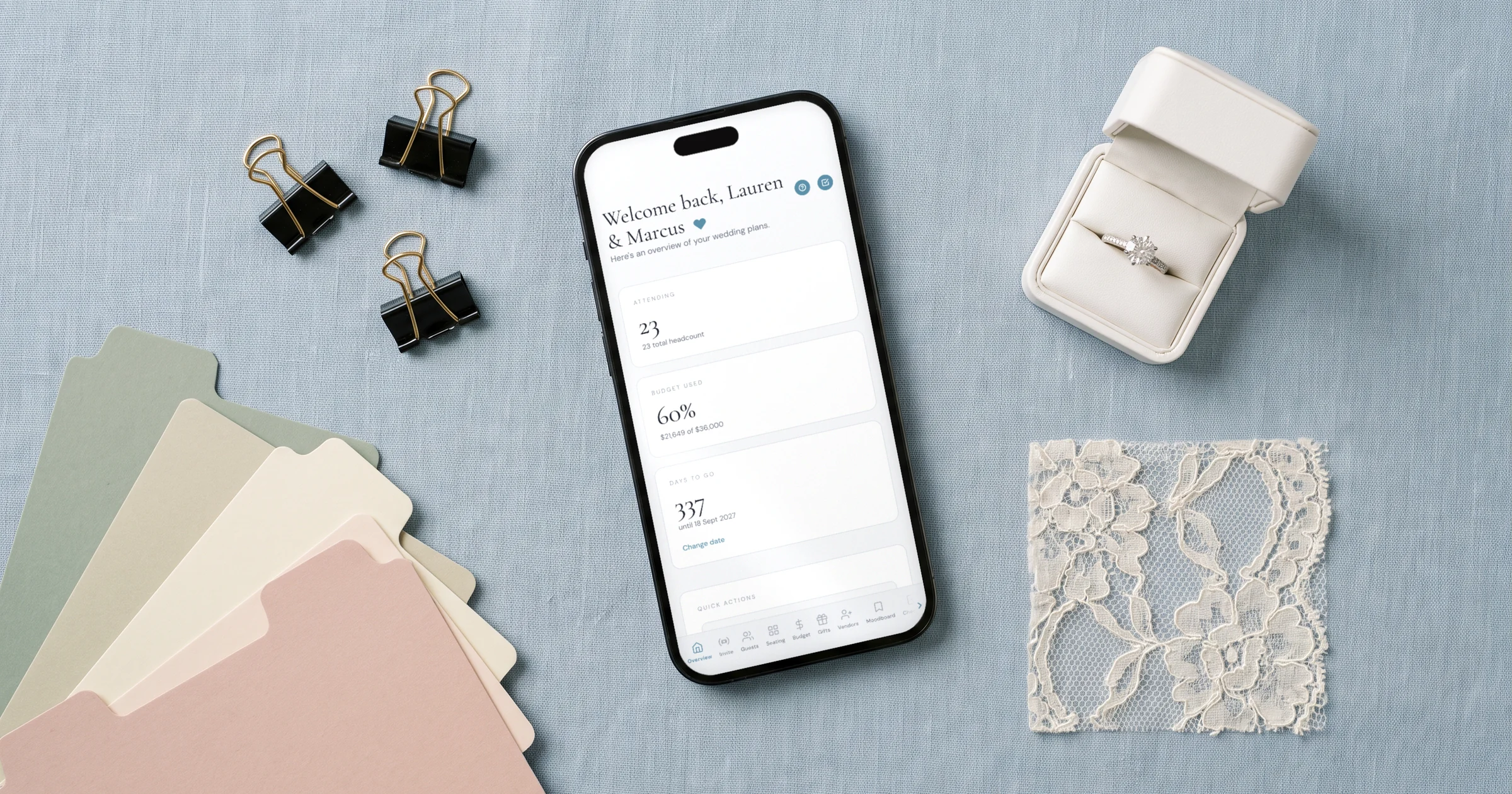 Best wedding planning apps 2026: a phone shows a wedding planning dashboard with guests, budget and countdown
