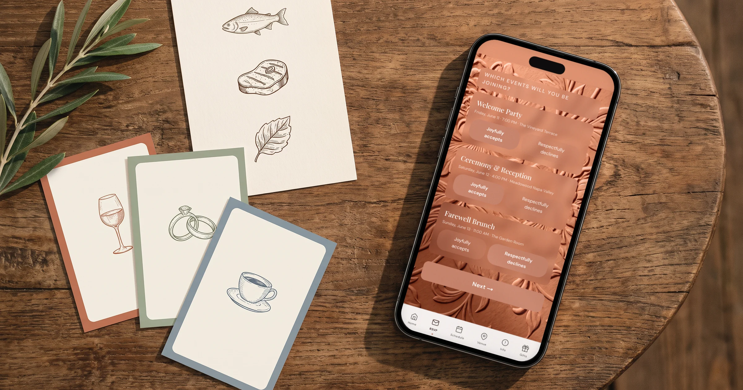 Best wedding RSVP website for multiple events: a phone shows an RSVP with a separate answer for the welcome party, ceremony and farewell brunch, beside event cards and a menu card