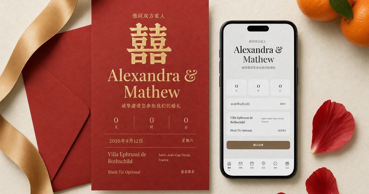 Bilingual English-Chinese wedding invitation: a phone showing a digital wedding invitation in Chinese for Alexandra & Mathew next to a red and gold printed card with the double happiness character, a red envelope and mandarin oranges