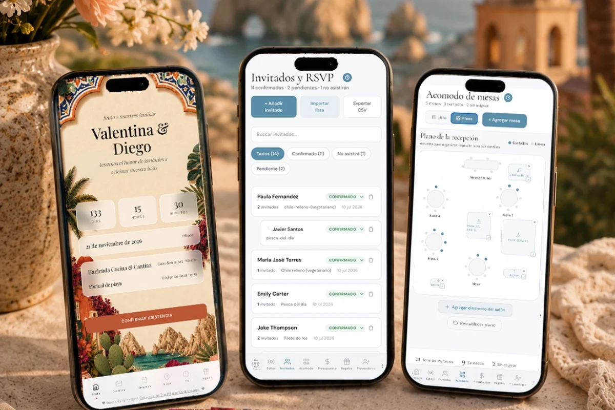 Bilingual wedding in Mexico: the Spanish version of a Talavera wedding invitation for Cabo San Lucas on a phone, beside the guest list and seating plan in Spanish, with the Arch of Cabo San Lucas behind