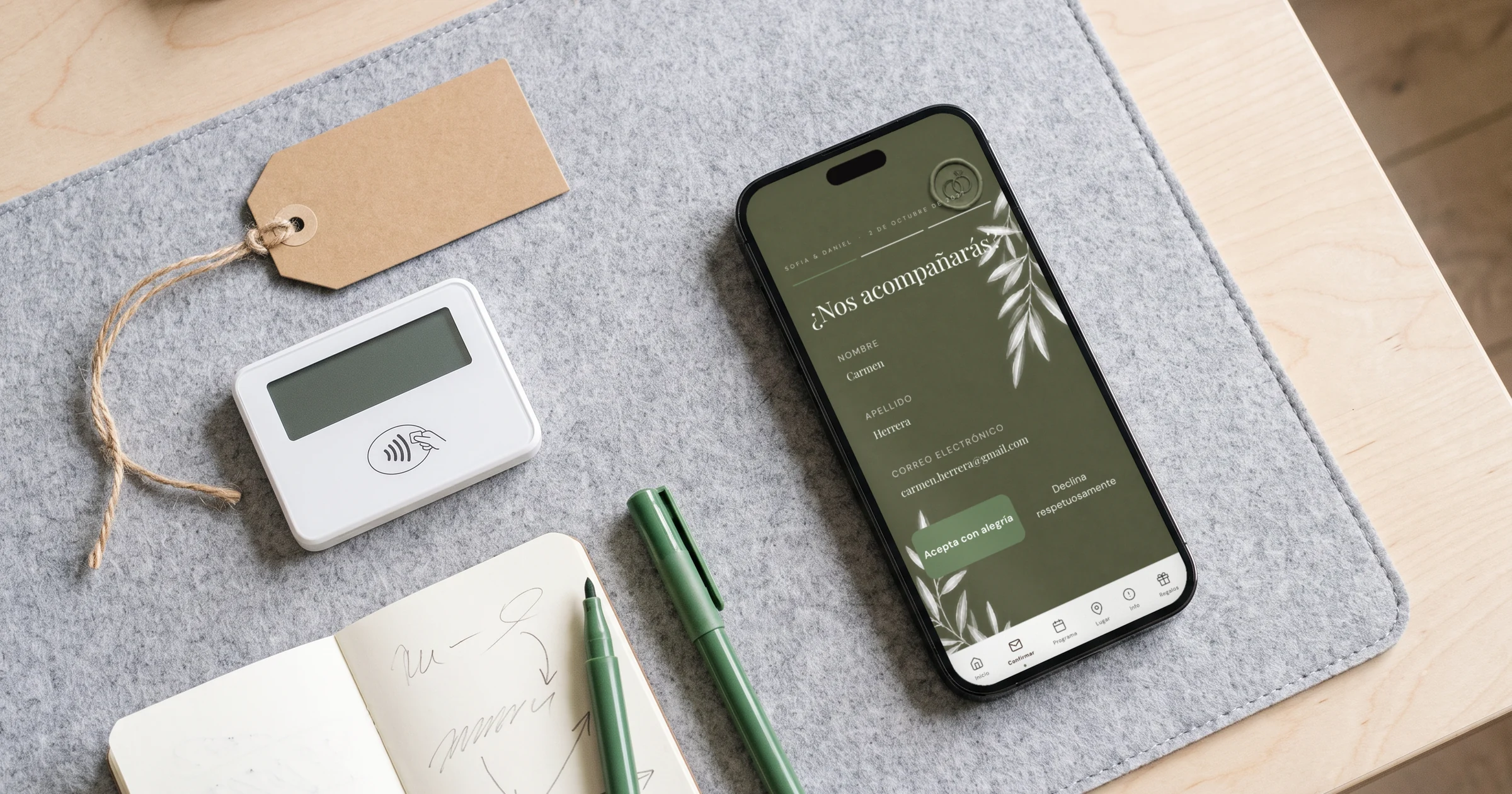 Buy a multilingual wedding invitation online: a phone shows the RSVP translated into Spanish beside a price tag and a card reader