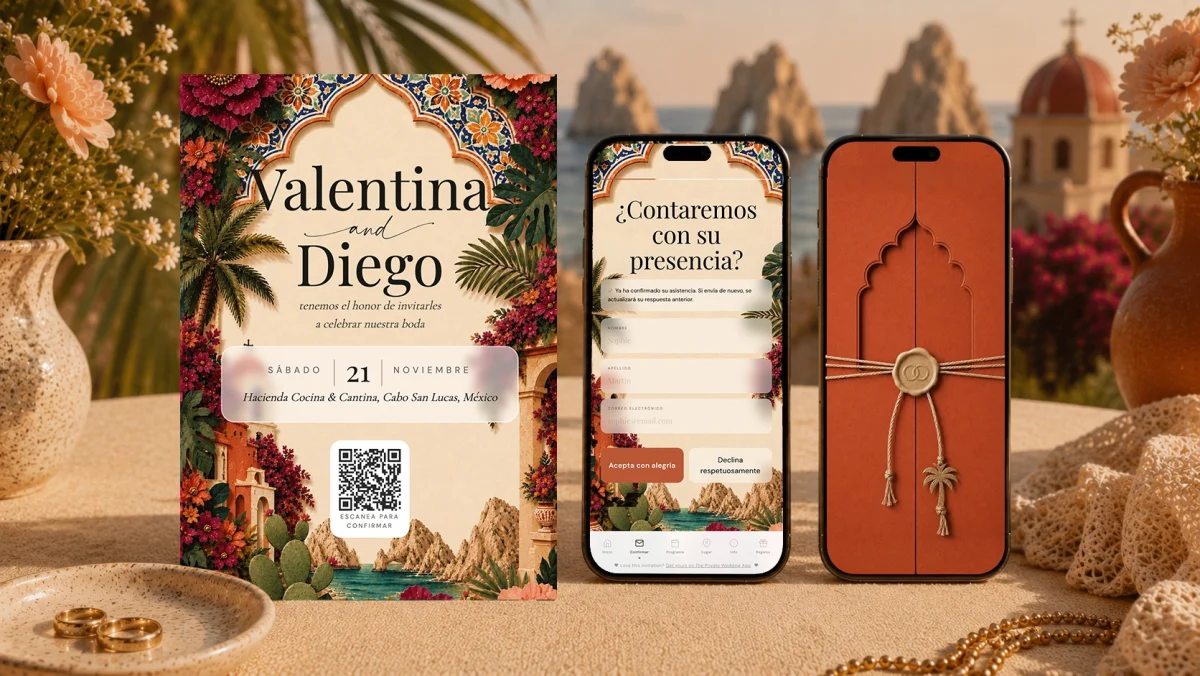 Cabo San Lucas destination wedding: a Talavera tile wedding invitation card with a QR code and a phone showing the RSVP in Spanish, with the Arch of Cabo San Lucas and a mission bell tower behind, The Private Wedding App