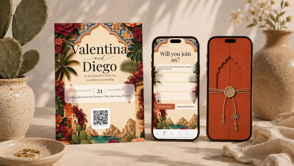 Destination wedding RSVP deadline: a phone showing the RSVP form with Joyfully accepts and Respectfully declines buttons beside a printed Talavera invitation for a Cabo San Lucas wedding with a QR code to RSVP