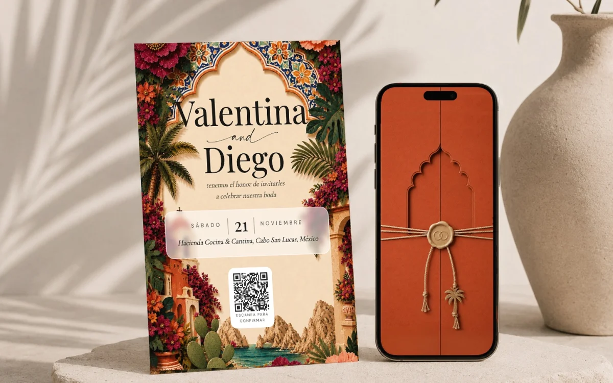 Destination wedding save the date: a printed Talavera card for a Cabo San Lucas wedding with a QR code that opens the digital invitation, standing beside a phone showing the terracotta invitation envelope with a wax seal