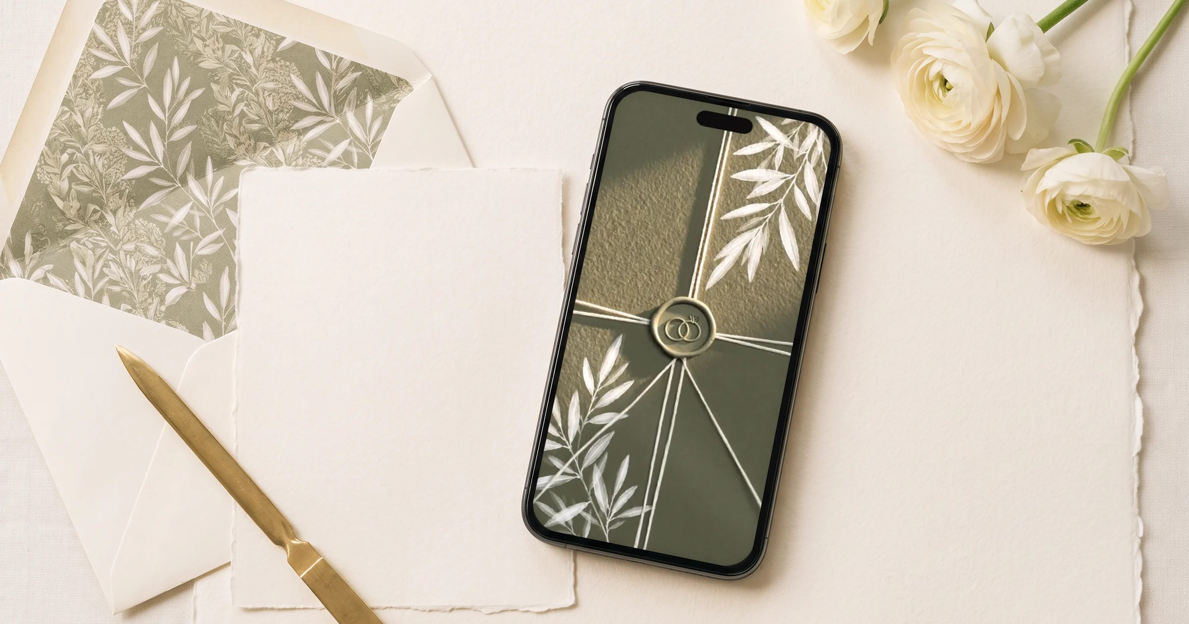 Paperless Post vs wedding invitation sites: a phone shows a digital wedding invitation opening with a wax seal, next to an envelope liner and a brass letter opener