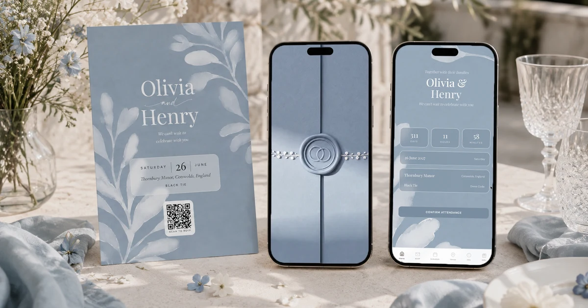 Dusty blue printed wedding invitation with scan-to-RSVP QR code next to two phones showing the sealed envelope opening screen and the digital invitation with countdown and confirm attendance button