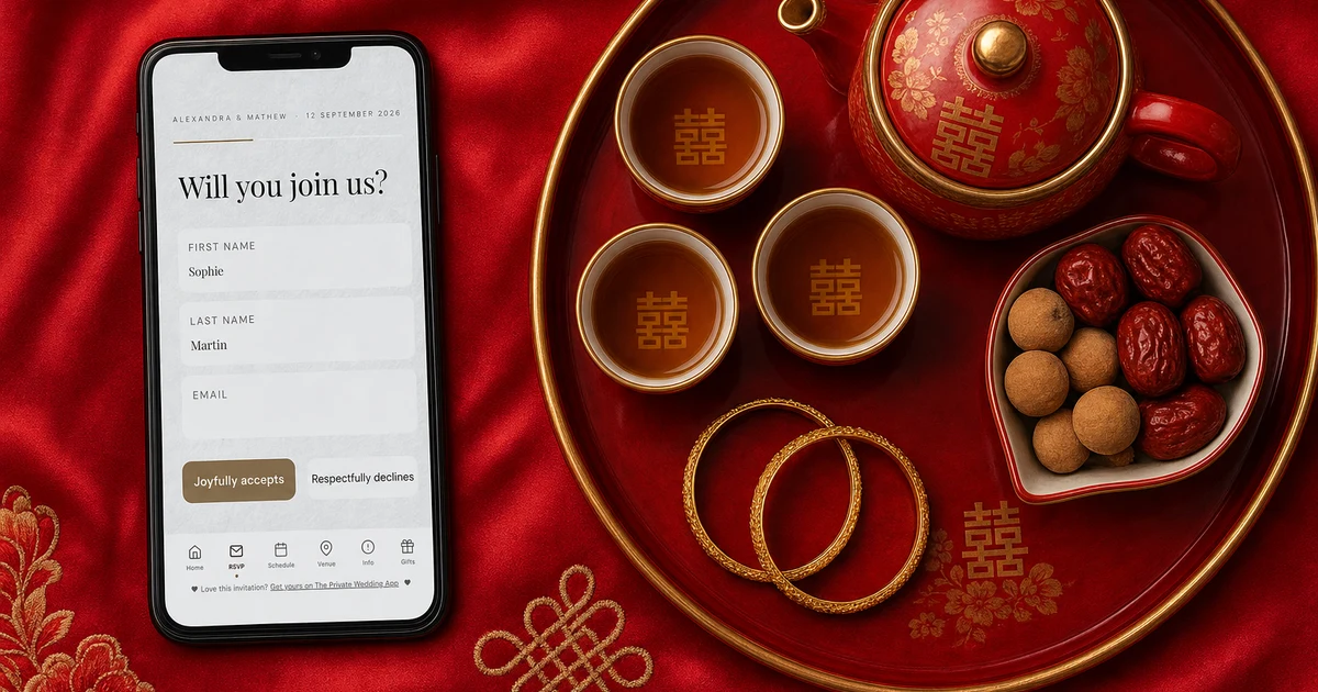ROM, tea ceremony and banquet in Singapore: a phone showing the RSVP page of a digital wedding invitation beside a red and gold double happiness tea ceremony set with longans and red dates