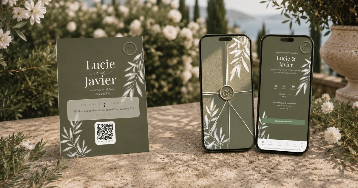Sage green wedding invitation suite with printable QR card and two phones showing the digital botanical invitation with RSVP and wax seal, on a Tuscan stone terrace with olive trees and white roses