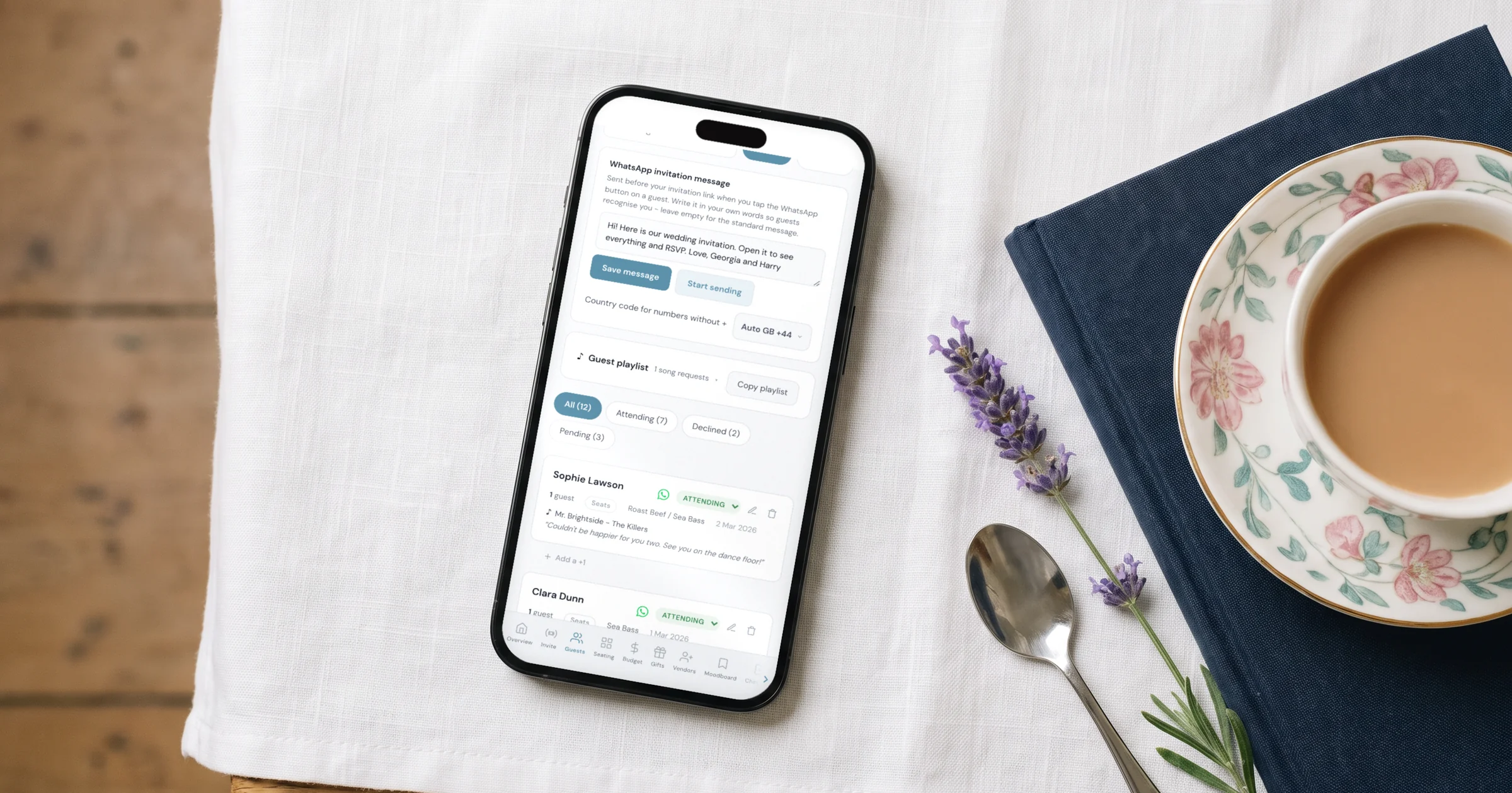 Wedding guest list with a WhatsApp send button next to every guest