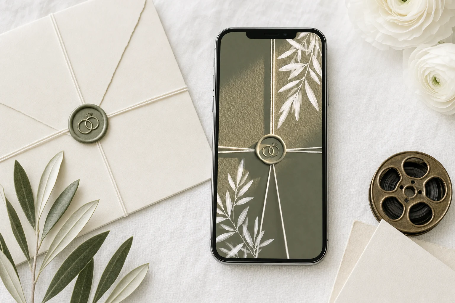 Video wedding invitation: a phone shows the opening video of Lucie and Javier's invitation, a sealed envelope with a sage wax seal, next to ivory stationery, white ranunculus and a small film reel