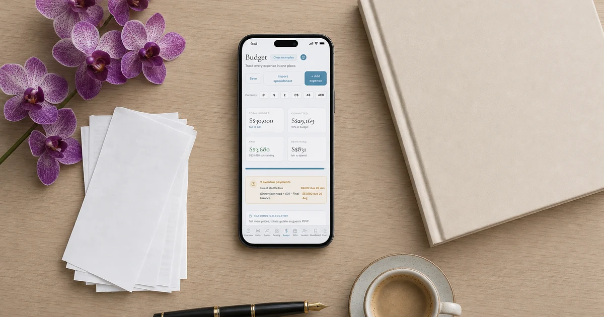 Wedding cost Singapore 2026: a phone showing a wedding budget tracker in Singapore dollars with total budget, paid and remaining amounts, next to a banquet proposal folder, kopi and purple orchids