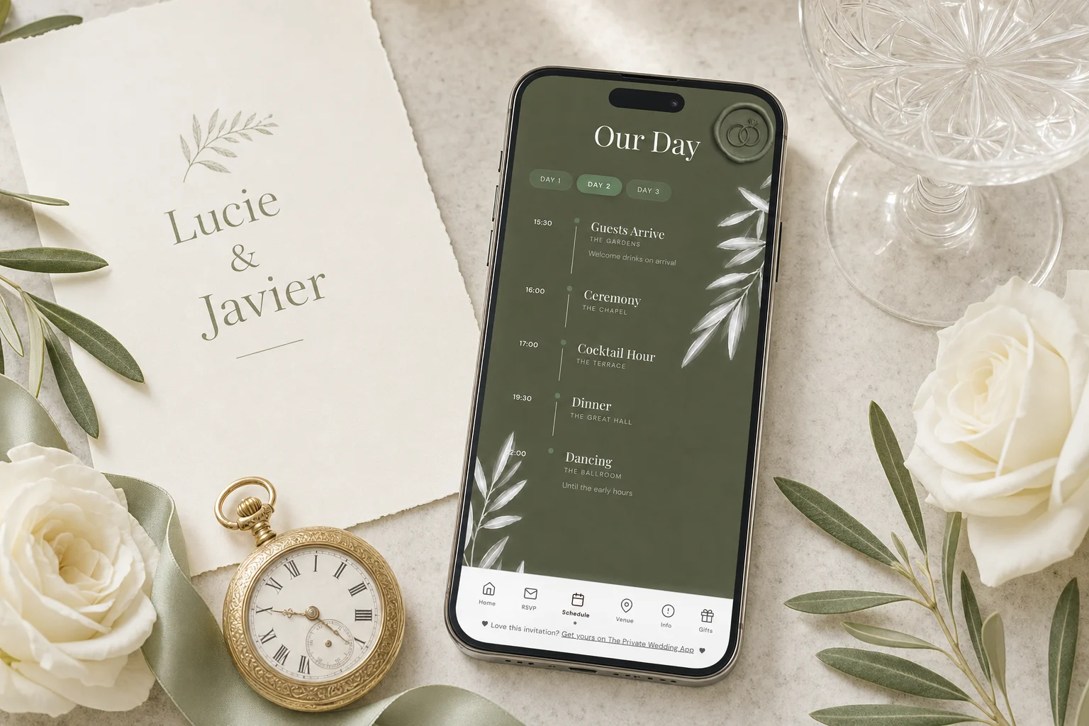 How long a wedding ceremony lasts on the day: a phone shows the wedding schedule with day tabs, guests arriving, the ceremony, cocktail hour, dinner and dancing each at its own time, next to a printed card, a pocket watch and white roses