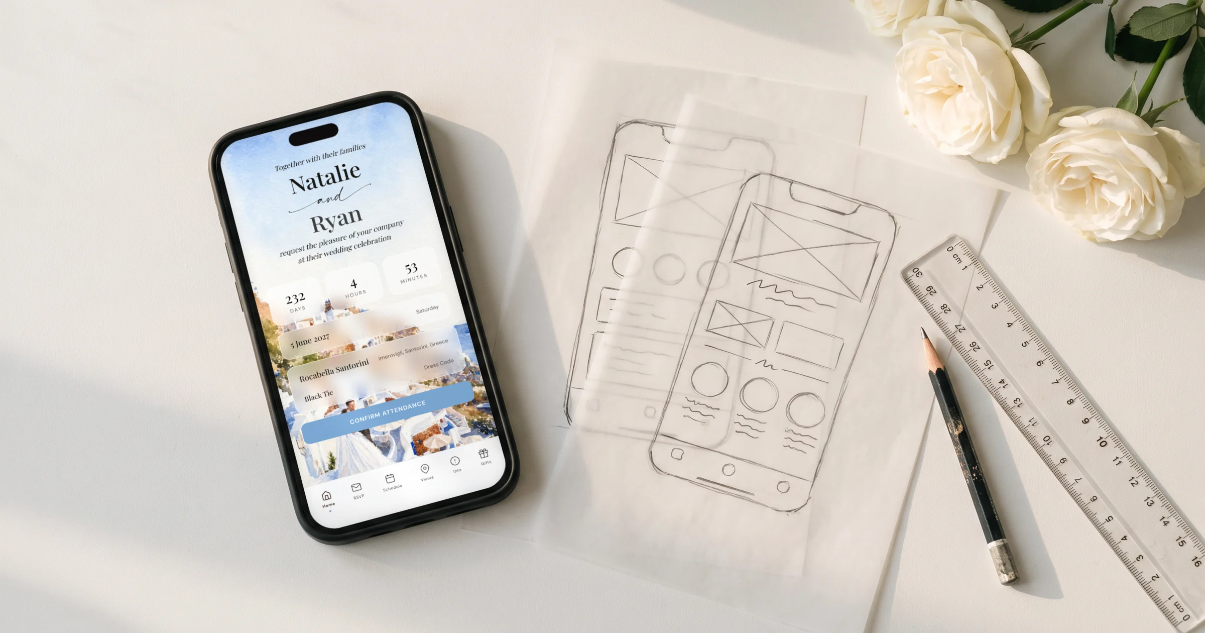 Wedding homepage example: a phone shows a wedding website home page with countdown beside homepage sketches