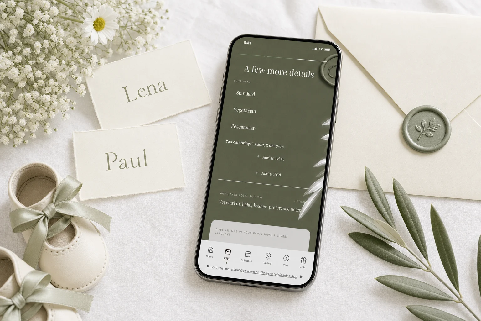 Wedding invitation wording for children: a phone shows the RSVP form with "You can bring: 1 adult, 2 children." and the buttons Add an adult and Add a child, next to escort cards for Lena and Paul and a pair of children's shoes