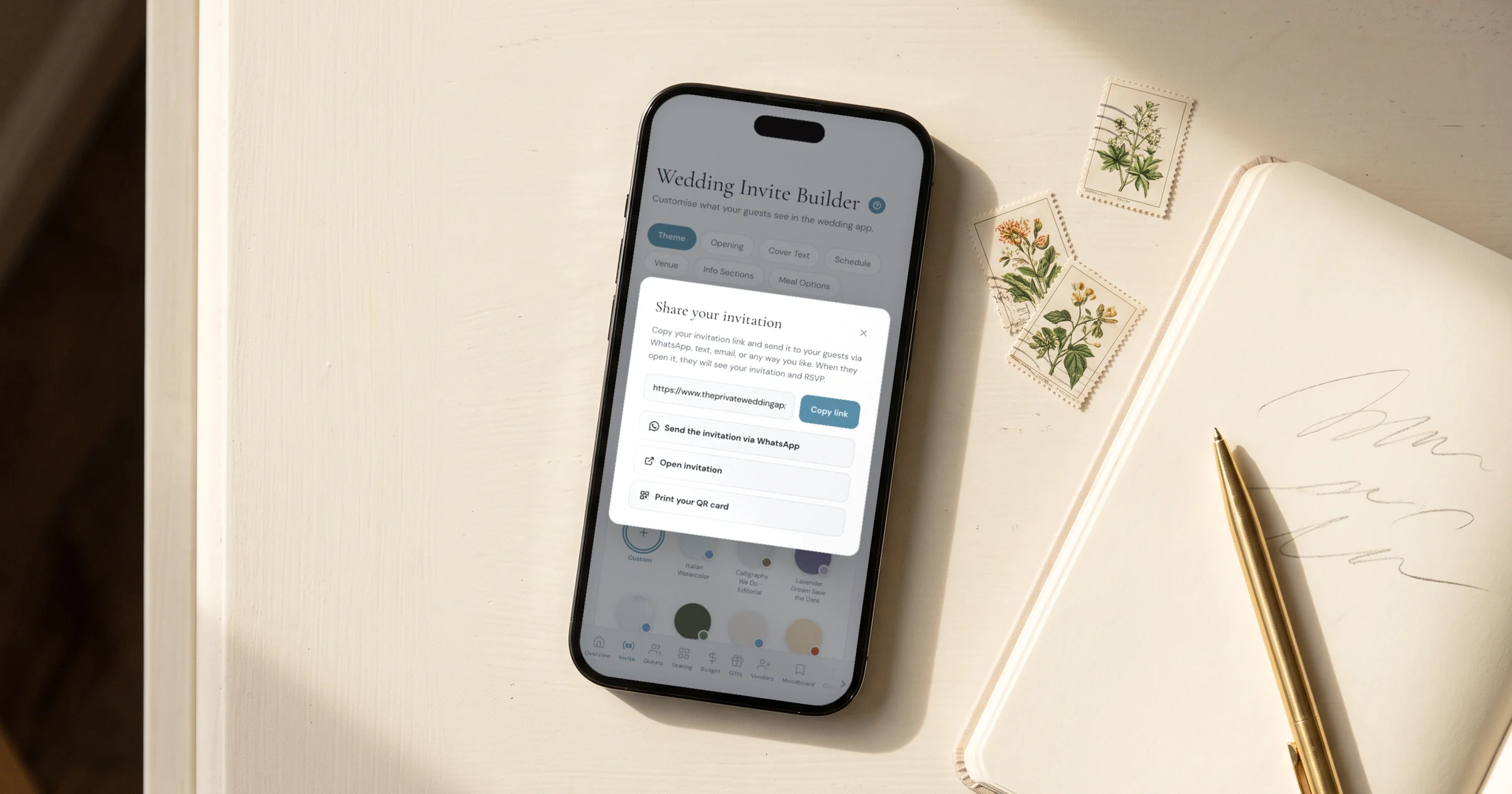 What to write when you send your wedding invitation link: a phone shows the share panel beside drafted messages
