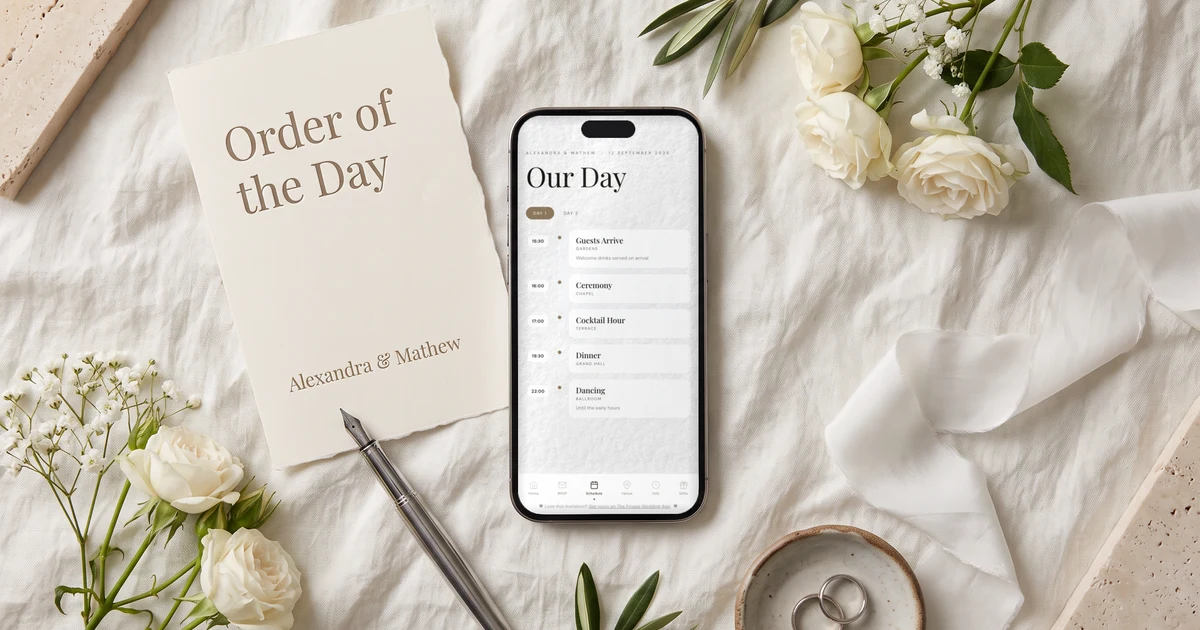 Wedding order of the day on a phone - The Private Wedding App's live schedule page showing the full wedding day timeline with Day 1 and Day 2 tabs, lying flat on ivory linen next to a printed Order of the Day ceremony programme card, white roses and wedding rings