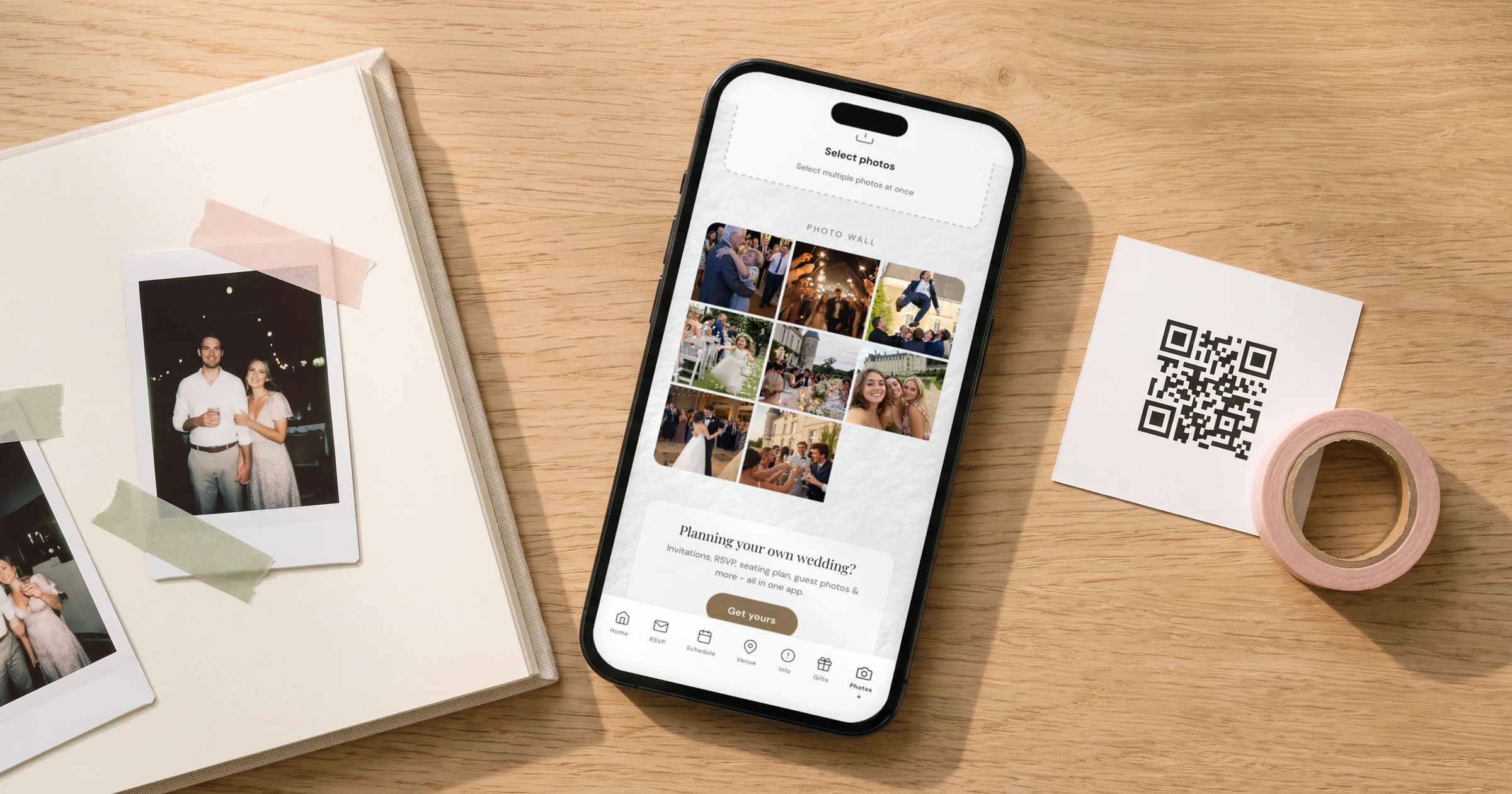 Wedding photo guest book: a phone shows the guest photo wall next to an open guest book filled with printed photos and a QR card