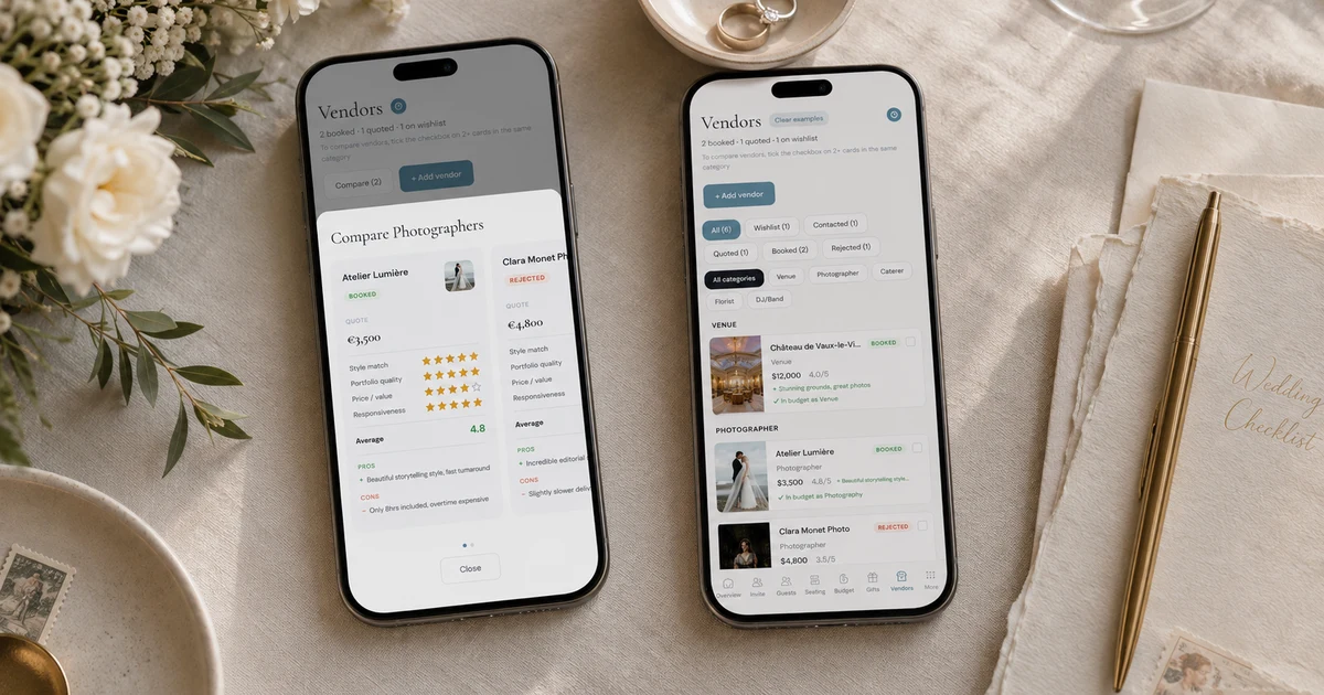 Wedding vendor package review - two phones showing The Private Wedding App vendor pipeline and side-by-side vendor comparison with star ratings, on a styled editorial background