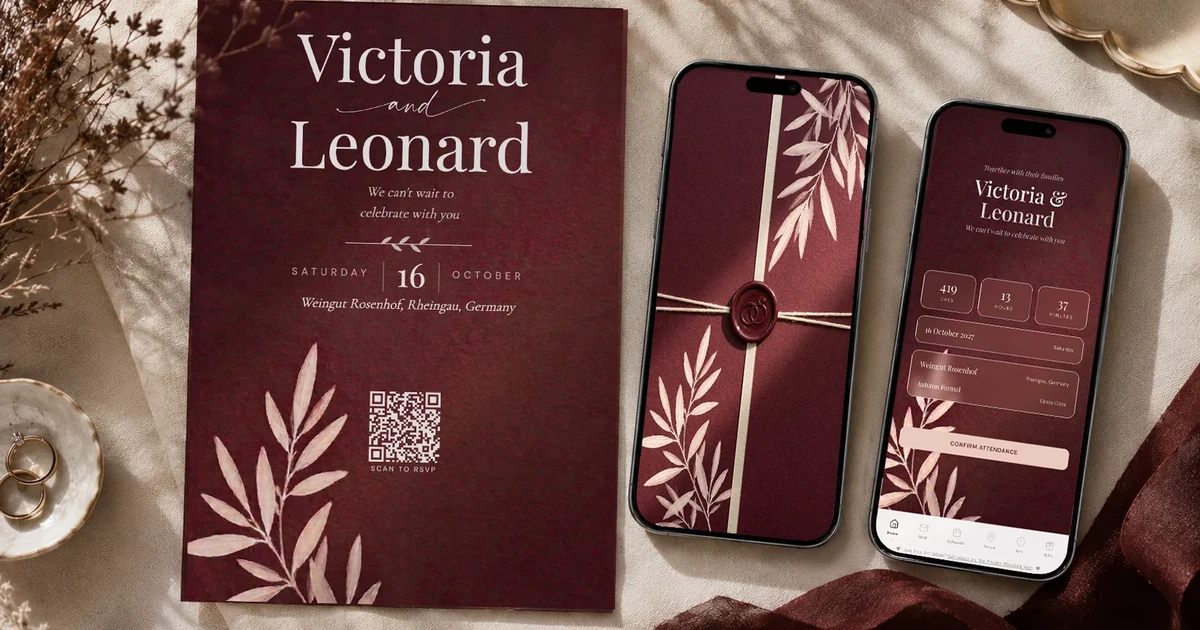 What a wedding website costs in 2026: burgundy digital wedding invitation open on two phones, one showing the wax-sealed envelope opening and one the RSVP countdown, beside a printed scan-to-RSVP QR card - one price covering invitation, RSVP and wedding planner