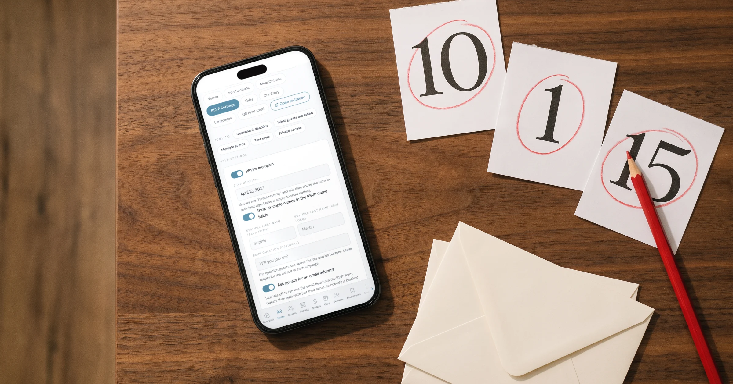 When to send wedding invitations and set the RSVP deadline: a calendar with three circled dates next to a phone showing the RSVP deadline