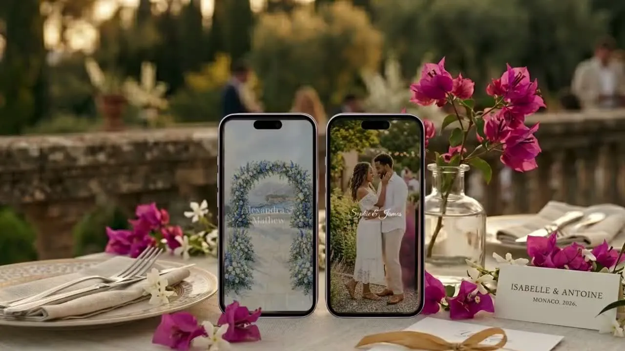 Digital wedding invitation with custom cover photo, online RSVP, meal choice and venue map on phone
