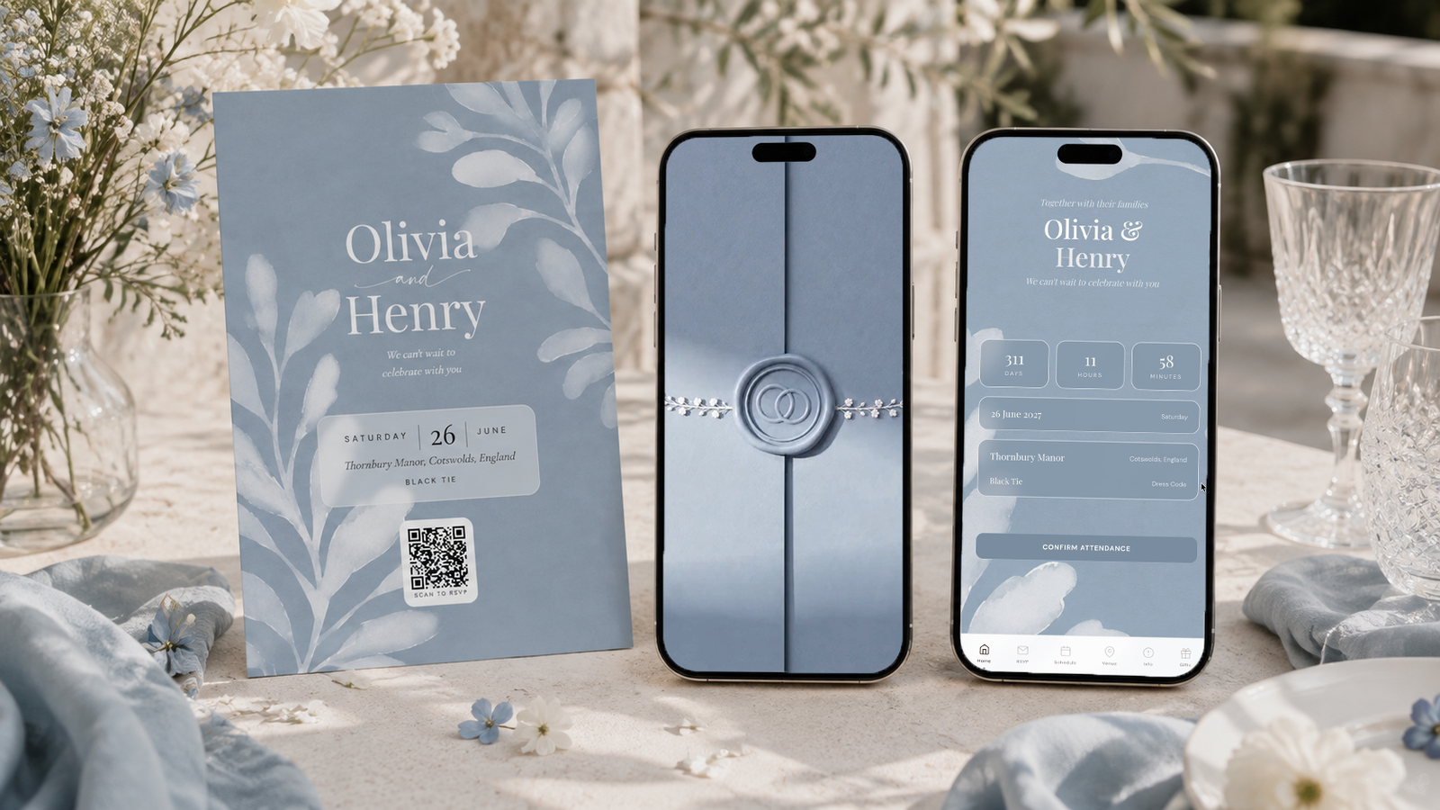 Dusty blue botanical wedding invitation on a phone beside a printed QR card, showing the dusty blue, deep blue, mist and cream palette