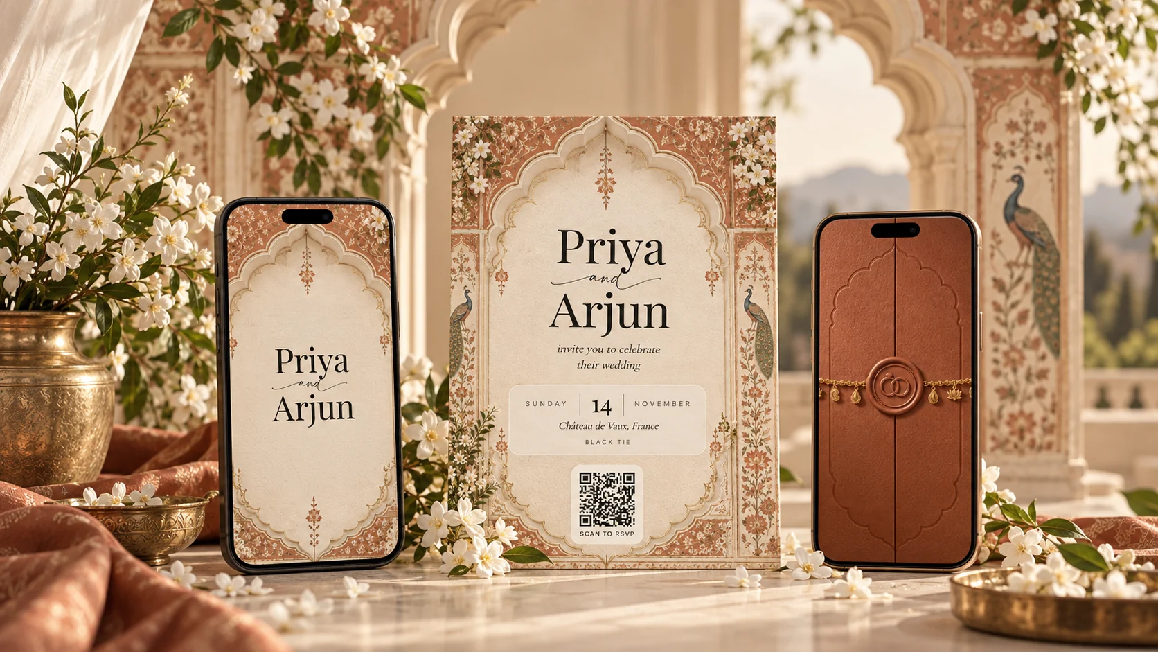 Mandap ceremony invitation for an Indian wedding: the Jaipur Peacock theme on a printed card with an RSVP QR code between two phones, one showing the couple's names under a carved arch and one the sealed envelope, on a marble terrace with jasmine and brass vessels