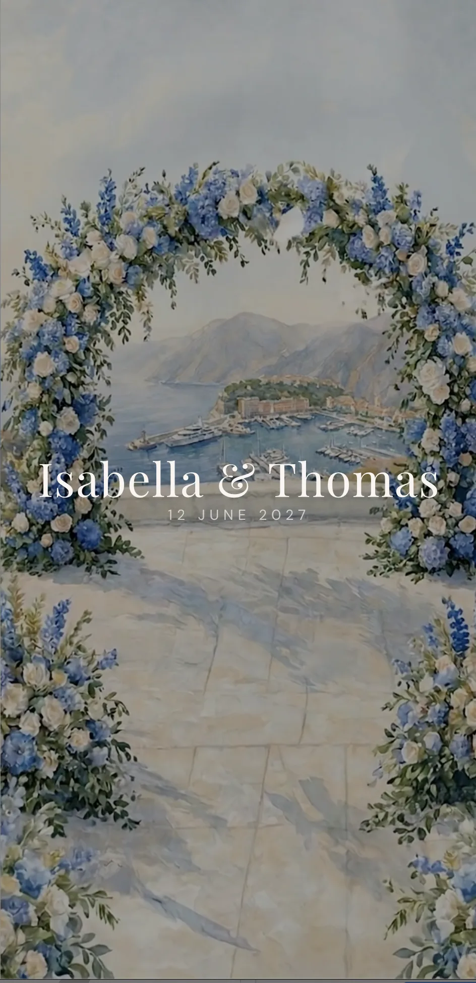 Digital wedding invitation on iPhone showing Italian Watercolor theme with RSVP, schedule and venue details — what your wedding guests see
