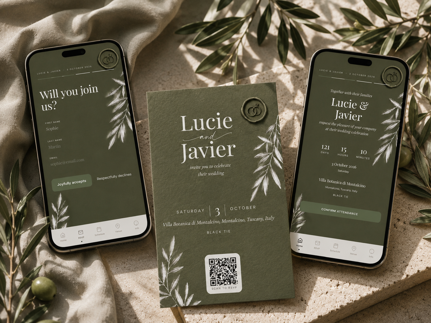 Sage green botanical wedding invitation suite with digital RSVP on iPhone, printed QR code card with eucalyptus greenery design, and online guest list tracking dashboard