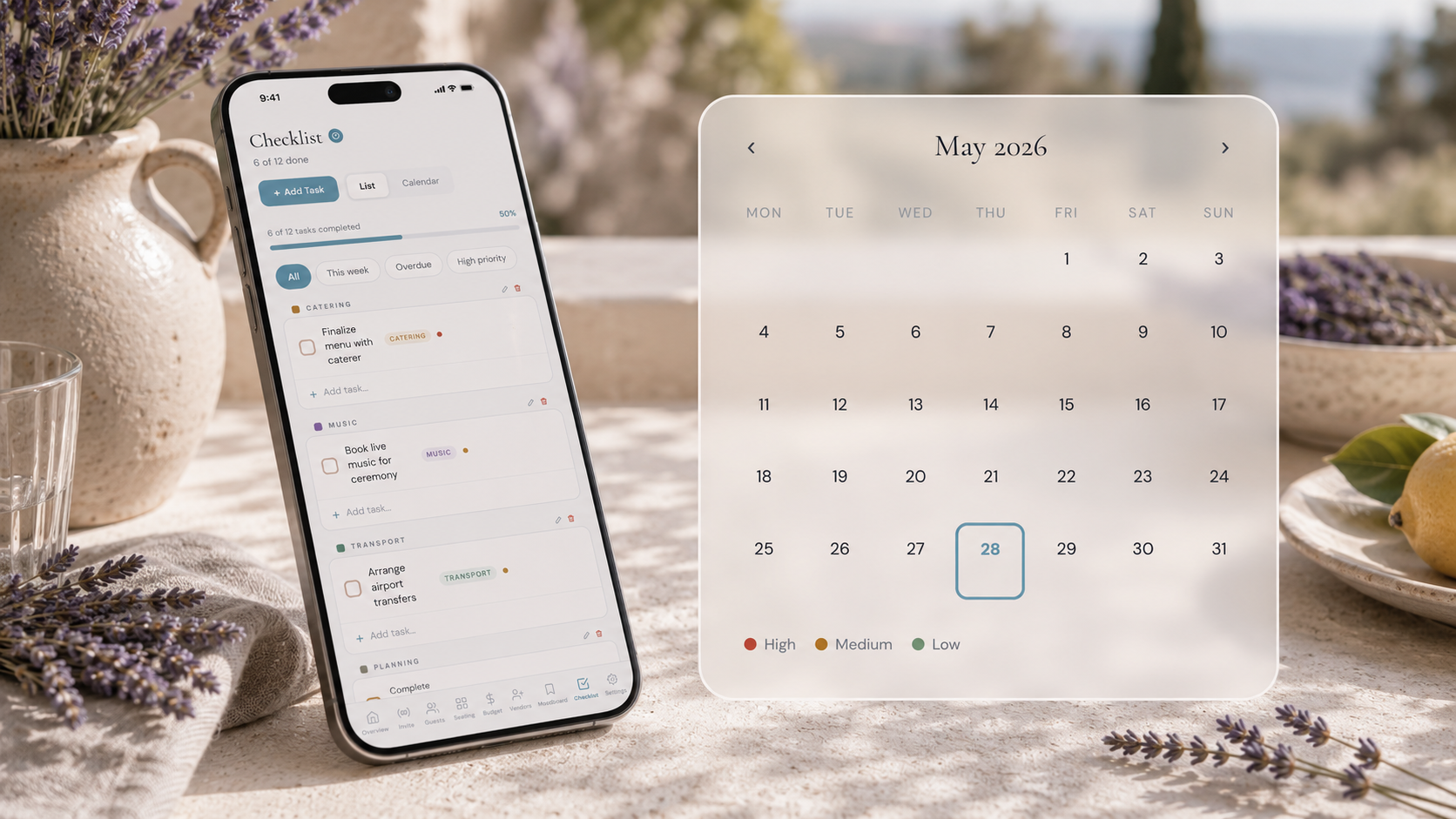Wedding checklist planner with task list view, calendar view, and progress tracking in The Private Wedding App