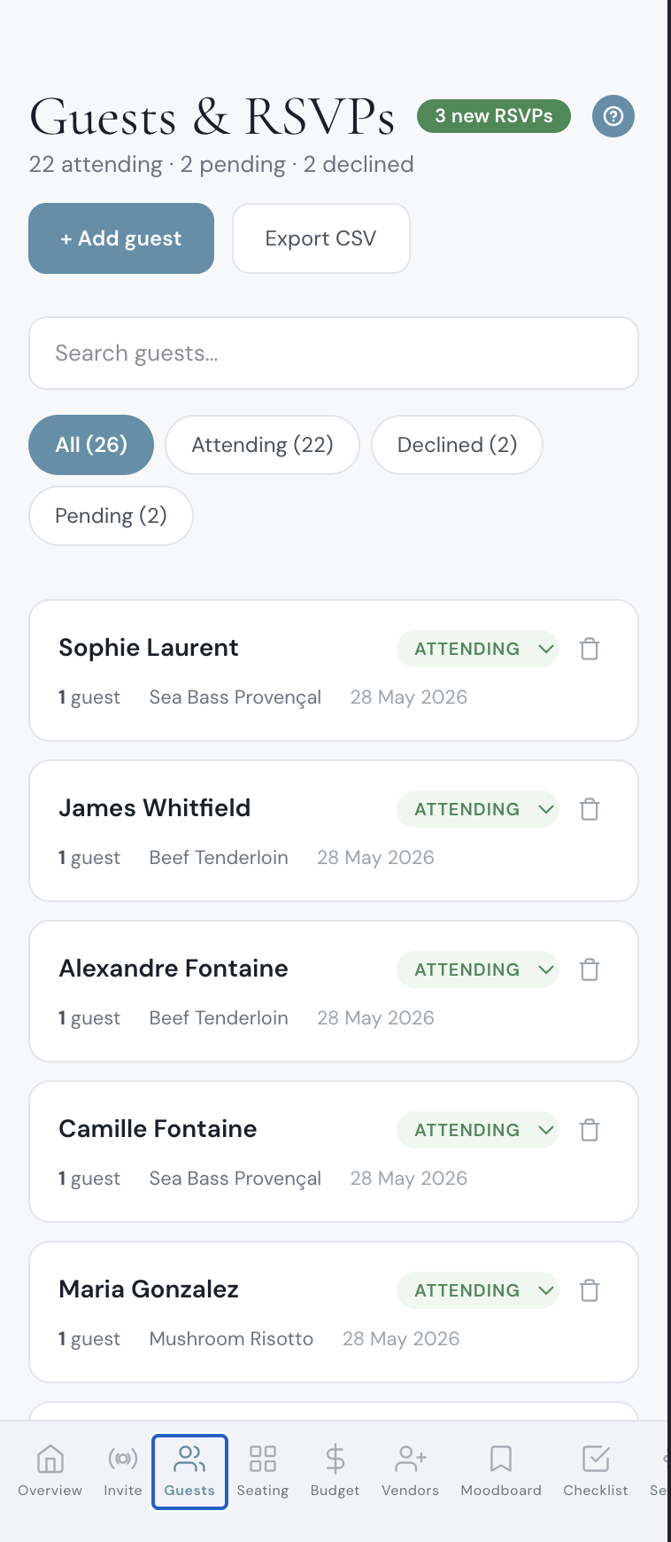 Wedding guest list with a WhatsApp send button next to every guest