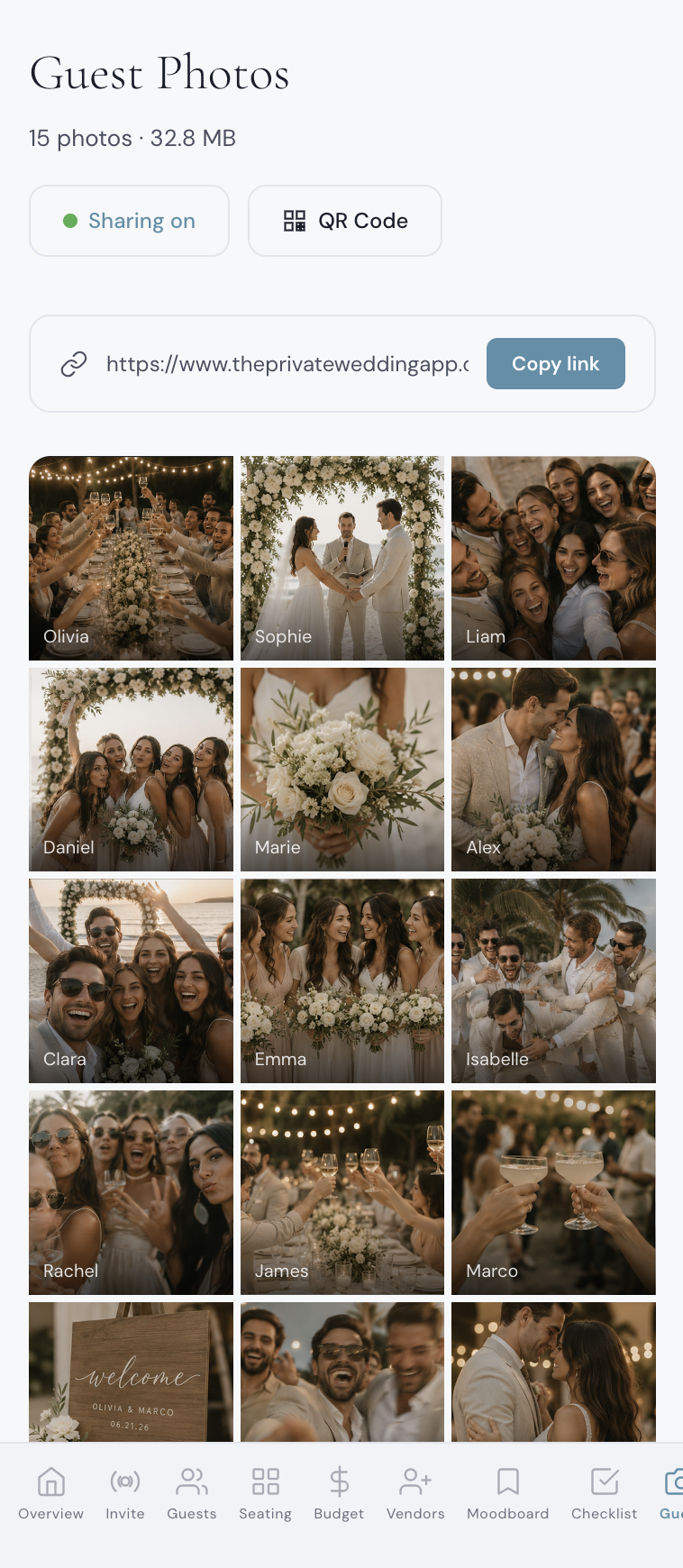 Wedding guest photo sharing dashboard showing private gallery with uploaded photos from guests via QR code