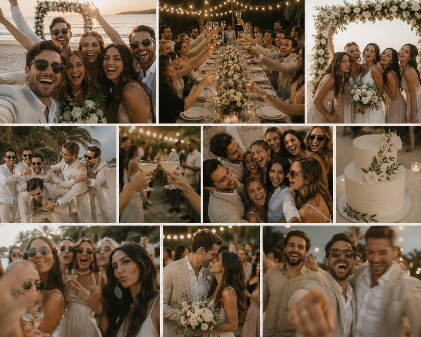 Wedding photo guest book built from guest uploads: collage of candid moments guests captured, from beach ceremony selfies to the reception toast, collected into one private gallery