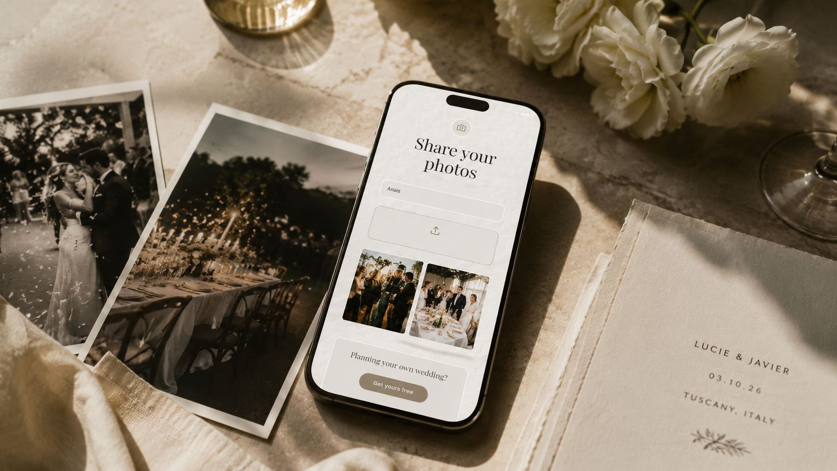 Wedding guest photo sharing app on iPhone showing QR code upload page with guest photos from ceremony, printed wedding photos and invitation card on table at destination wedding in Tuscany Italy