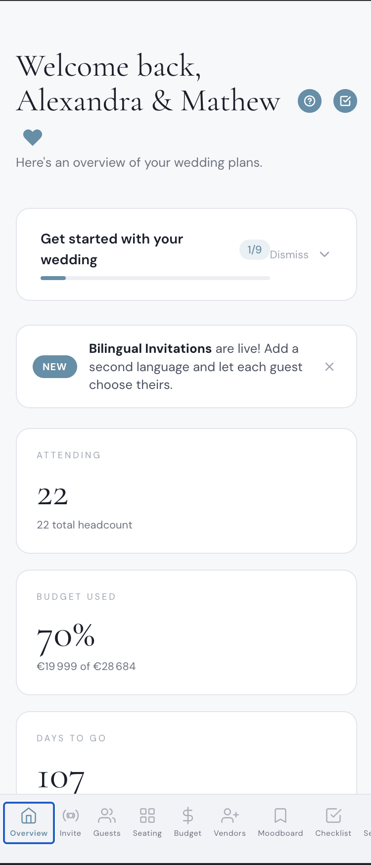 Wedding planner app dashboard showing guest headcount, budget tracker and countdown — where the planning magic happens