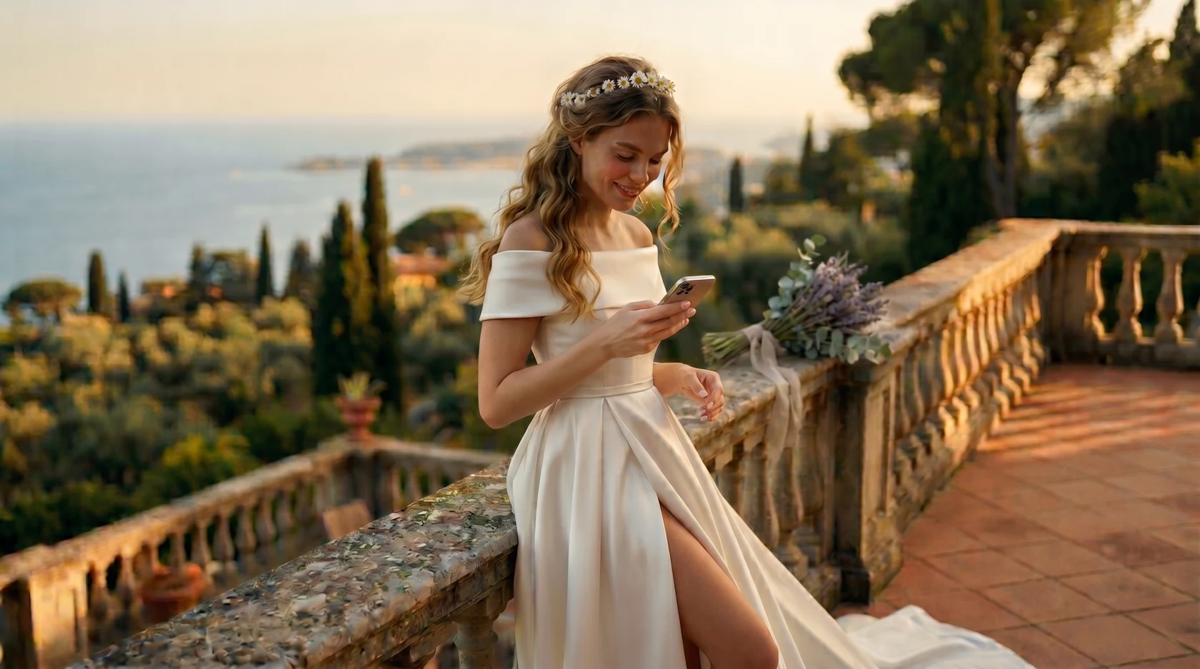 Bride at Mediterranean wedding checking her planning app on phone with digital invitation, guest list and RSVP all in one place